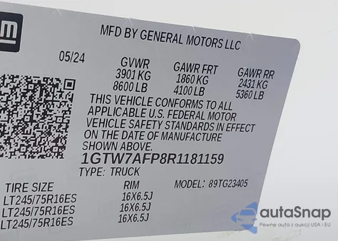 2024 GMC Savana G2500 z USA, uszkodzony, nr VIN 1GTW7AFP8R1181159